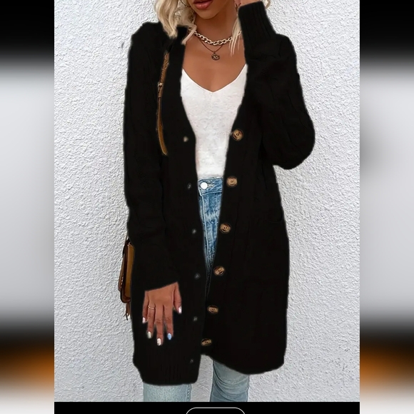 Women's Black Cable Knit Button Up Cardigan Sweater XL(14) - Picture 6 of 7